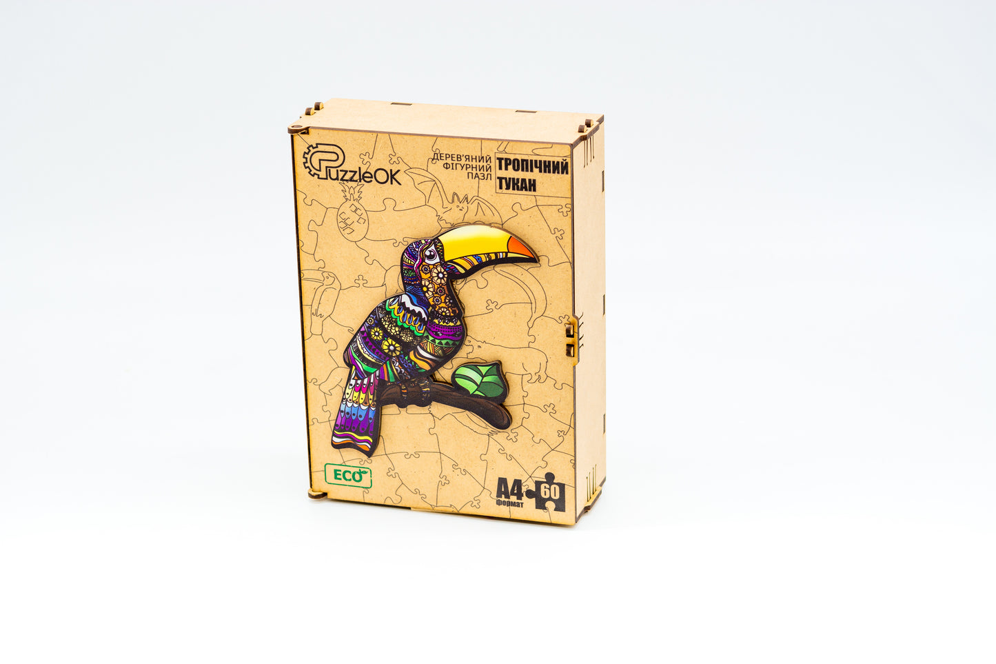 PuzzleOk - Tropical Toucan Wooden Jigsaw Puzzle with Wooden Gift Box A4