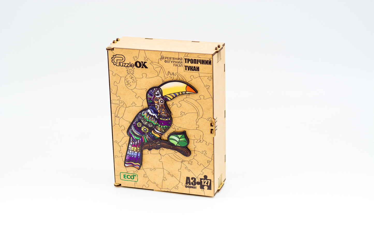PuzzleOk - Tropical Toucan Wooden Jigsaw Puzzle with Wooden Gift Box A3