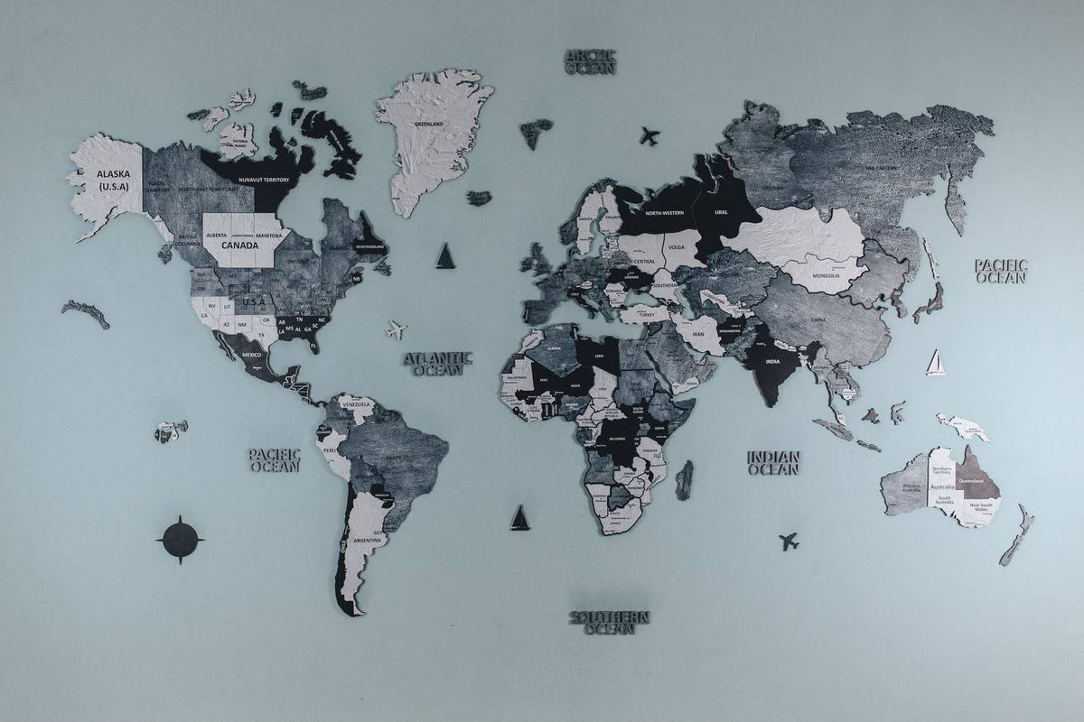 Gray Wooden World Map Wall Art Puzzle